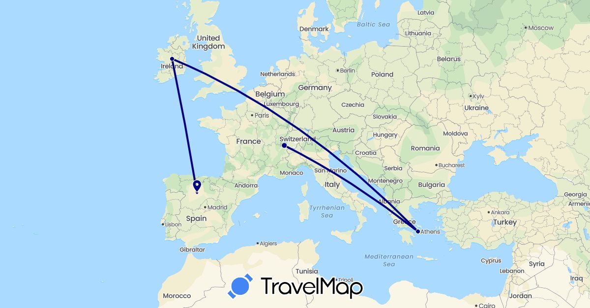TravelMap itinerary: driving in Spain, France, Greece, Ireland (Europe)